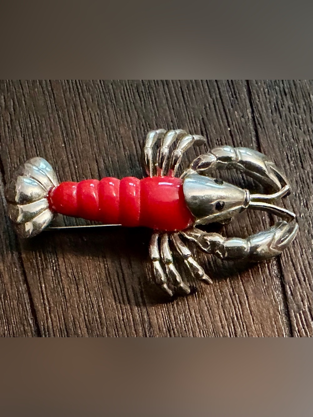Vintage Lobster or Crawfish Brooch with Red Enamel Body